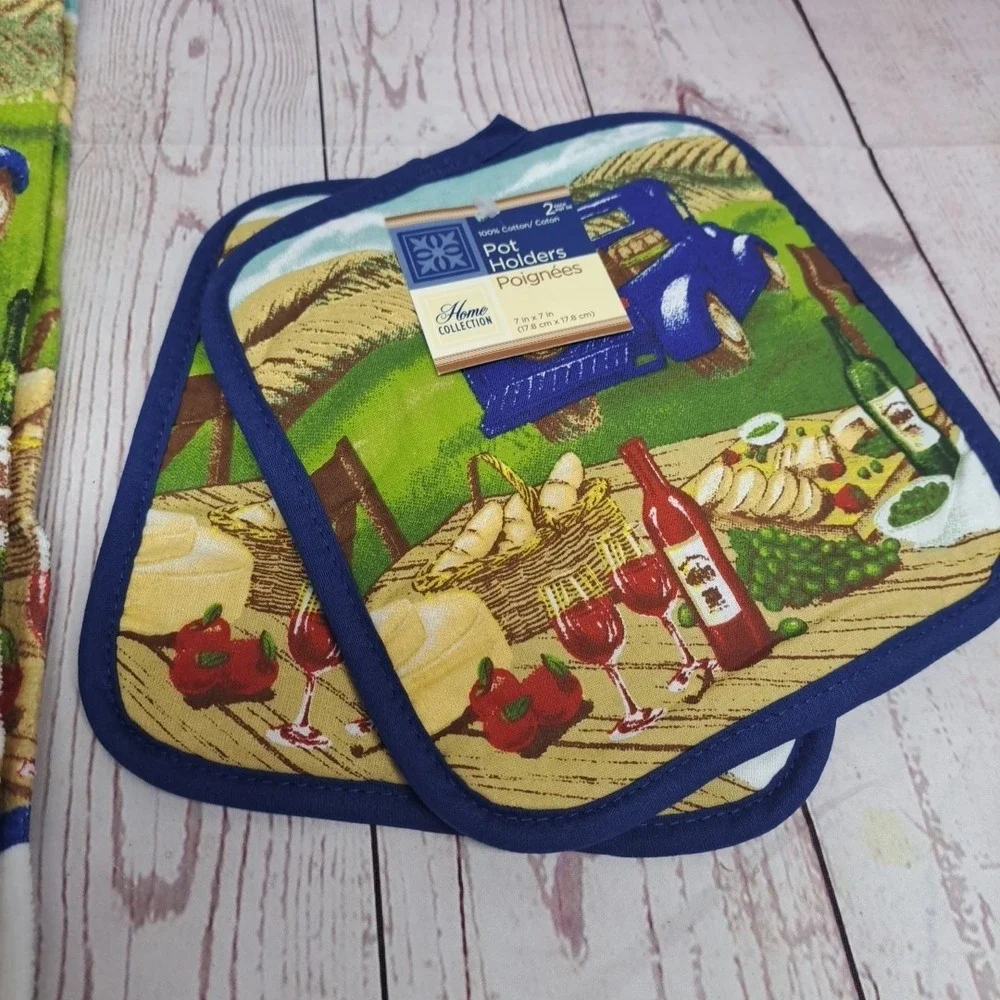 Country Kitchen Vineyard 4pc Oven Mitt, Towel, Pot holders 100% Cotton NWT